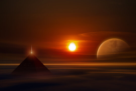 Desert landscape with pyramid and golden sunset on an alien world.