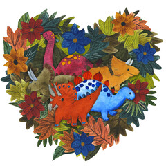 heart with dinosaurus brachiosaurus, stegosaurus, triceratops, leaves and flowers