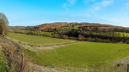 Fototapeta na wymiar A view across farmland next to the A470 in Wales, UK
