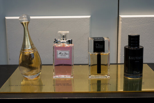 Strasbourg - France - 7 January 2021 - Closeup of luxury bottles of french perfume by Dior in a perfumery store