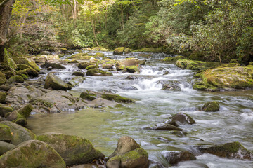 A calm shallow river flowing through the Smoky Mountains