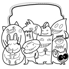 Hand drawn of cute monster doodle with white board