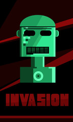 Invasion text with green black robot cartoon illustration geometric