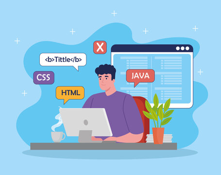 software developer programming in desktop with code symbols vector illustration design