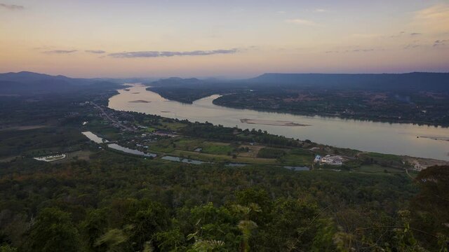Timelapse of Mekong river view from Wat Pha Tak Suea temple the famous tourist attraction in Sangkhom Nong Khai province, Thailand