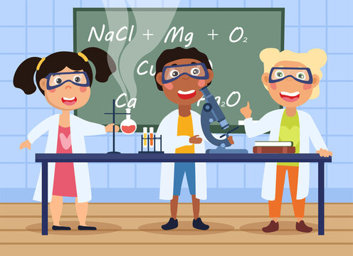 Three young children wearing safety goggles doing experiments in a chemistry class at school, cartoon flat colored vector illustration