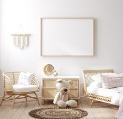 Mockup frame in children bedroom with wicker furniture, Coastal boho style, 3d render © artjafara