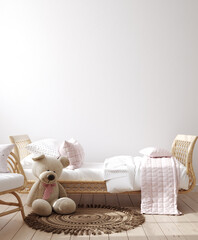 Wall mockup in children bedroom interior, Coastal boho style, 3d render © artjafara