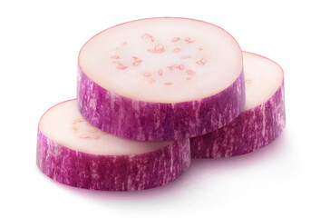 Isolated aubergine pieces. Three slices of purple eggplant isolated on white background