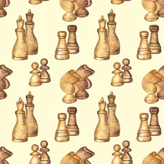 Fotobehang Eclectische stijl Naadloos patroon met schaakstukken op lichtgele geïsoleerde achtergrond. Aquarel handgetekende elementen gecombineerd in paren.