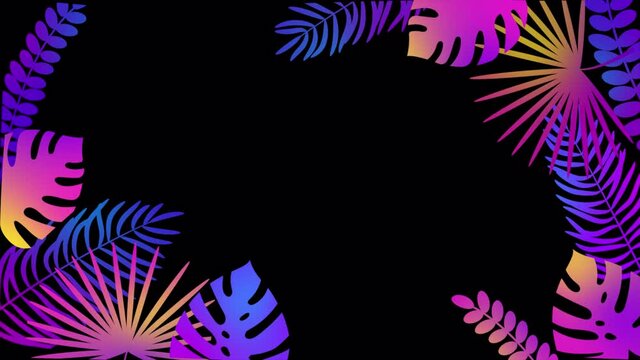 summer tropical gradient palm leaves frame template. Animated background with copy space for text. Floral border design. Exotic jungle leaf on transparent ALPHA Channel. 4k looped animation