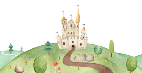 Fary tale watercolor background with firs and trees. Path leading to the castle on a hill. © FoxyImage