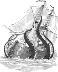 Black and white vector illustration of giant cephalopod attaking a ship