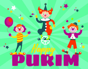 Obraz na płótnie Canvas Happy Purim, Jewish holiday. FUNNY VECTOR CLOWNS