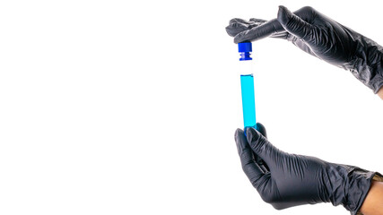 Syringe isolated. Doctor hand in medical glove hold test tube or bottle for protection flu virus and coronavirus. Covid vaccine isolated on white. Concept fight against virus covid-19.