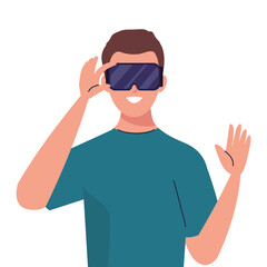 young man using reality virtual mask technology device vector illustration design