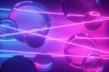 3d render, abstract neon background with glass balls and laser rays. Glowing light and translucent bubbles