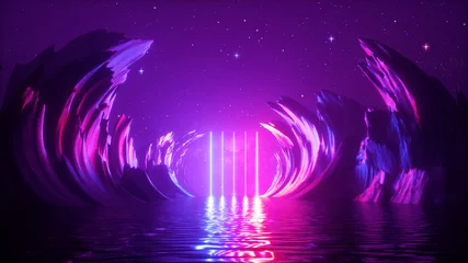 Fototapeten Violett 3D-Rendering, abstrakter Neonhintergrund mit leuchtenden vertikalen Laserlinien, Felsen unter dem Sternenhimmel und Reflexion im Wasser. Futuristisches Gelände, Fantasielandschaft  © wacomka