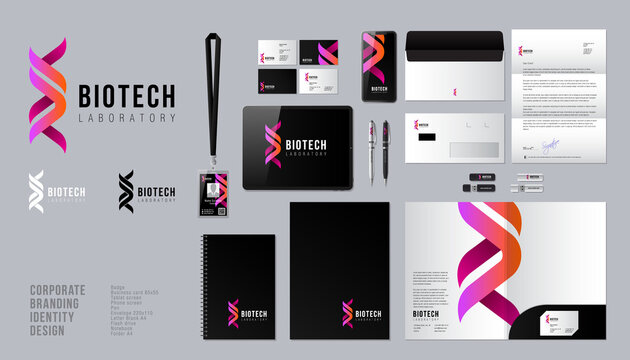Biotech laboratory logo. DNA logo as two ribbons. Identity, corporate style. Badge, envelope, letterhead, letter, folder, notebook, business card, flash drive, pens.