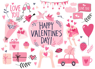 Valentine's Day greeting card with collection of design elements: hearts, romantic letters, presents, flowers, birds