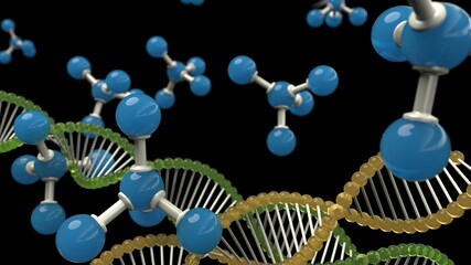 Blue Molecular structure and Green DNA Model Structure under White Background. Concept image of Genetic Test. 3D illustration. 3D high quality rendering. 3D CG.