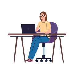 young woman freelancer worker in desk with laptop vector illustration design