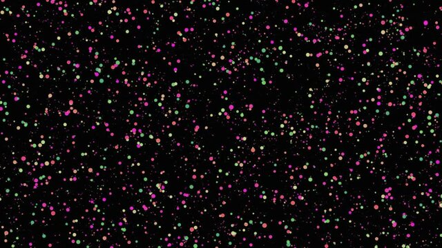 Abstract colorful bubbles flowing chaotically on black background, seamless loop. Animation. Festive pattern with confetti particles, seamless loop.