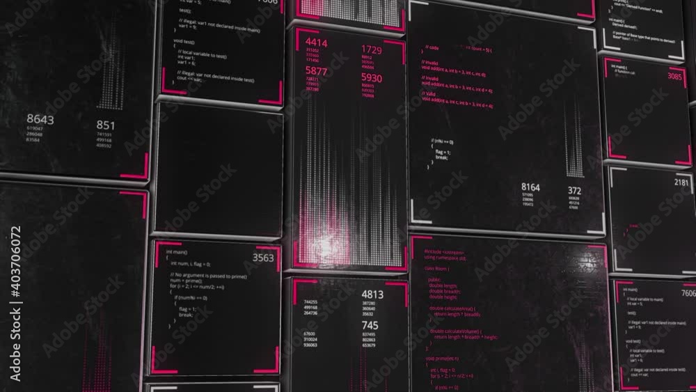 Poster blocks of abstract program code are written and moved in the virtual space of moving panels. animati