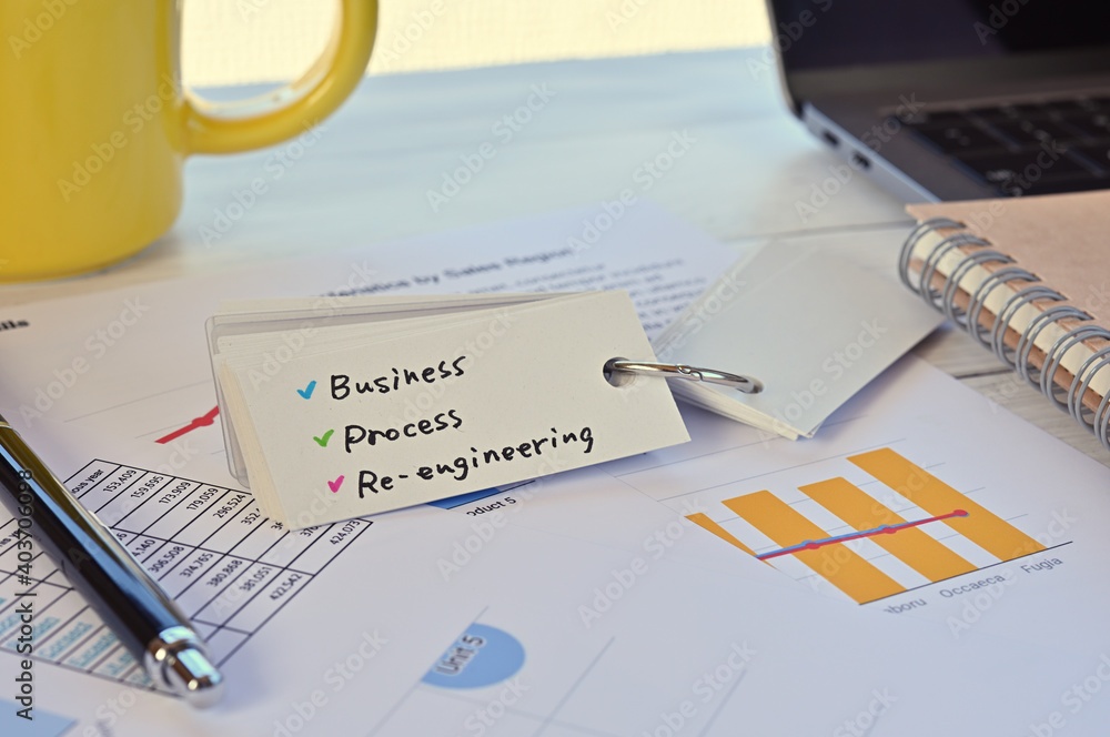 Poster there is a wordbook on a desk with randomly placed dummy papers on it. the word business process re-