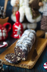 Chocolate sausage with nuts and dried cranberries