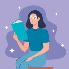 Fototapeta premium woman wearing eyeglasses reading text book seated character vector illustration design