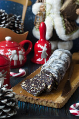 Chocolate sausage with nuts and dried cranberries