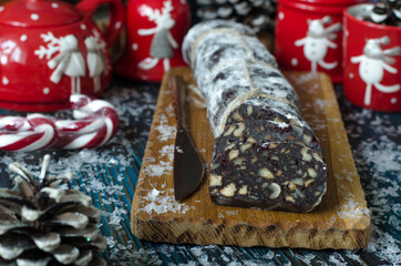 Chocolate sausage with nuts and dried cranberries