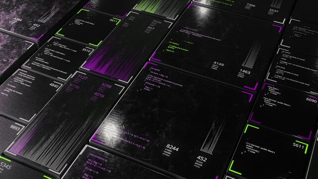 Screens of hacker code programming process. Animation. Concept of digital security and programming language, seamless loop.
