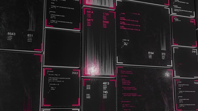 Blocks of abstract program code are written and moved in the virtual space of moving panels. Animation. Digital data flowing, IT, software development and hacking concept. 