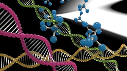 Blue Molecular structure and Green DNA Model Structure under White Background. Concept image of Genetic Test. 3D illustration. 3D high quality rendering. 3D CG.