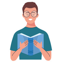 man wearing eyeglasses reading text book vector illustration design