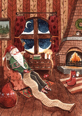 Watercolor illustration of christmas with santa claus. Cozy home with fireplace and candles. Santa rests, an illustration for postcards, posters and other Souvenirs.