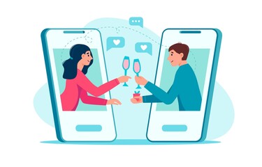 Virtual relationships online dating and social distancing, video chat via smartphone application. Male and female searching for romantic partner in internet. Online dating concept.