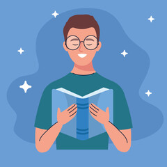 man wearing eyeglasses reading text book with stars vector illustration design