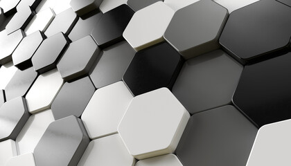 Black grey and white random positioned hexagon pattern background. greyscale abstract wallpaper, 3d render illustration.