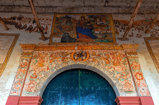 Entrance Of The Colonial Church Of Chinchero With Its Fresco Paintings Mural, Sacred Valley Of The Inca, Cusco Province, Peru.