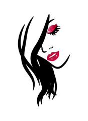 Face of pretty woman logo vector. Beautiful yoing girl with long hair. Pretty woman logo vector.