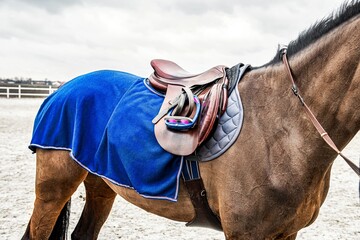 Sports horse in the arena. equestrian sports in detail