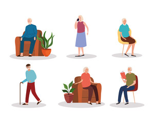 group of six elderly old people characters vector illustration design