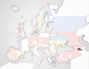 3D Europakarte auf der Armenien hervorgehoben wird und die restlichen Flaggen transparent sind