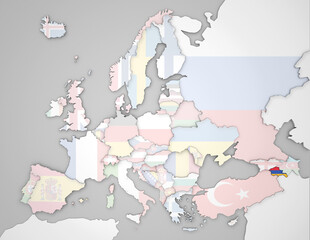 3D Europakarte auf der Armenien hervorgehoben wird und die restlichen Flaggen transparent sind