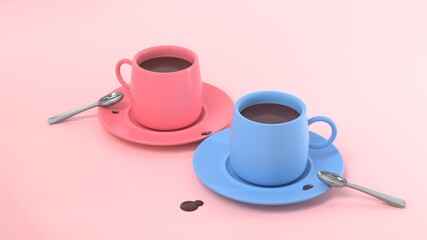 3d cartoon breakfast, a hot coffee for lovers, hot chocolate, tea with spoon on pastel pink background. Valentine Coffee break concept. 3d rendering