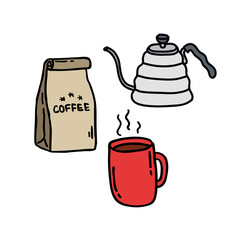coffee kit doodle icons, vector color illustration