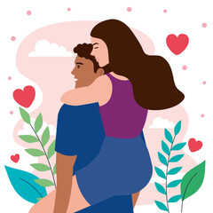 young interracial lovers couple lifting characters with hearts vector illustration design